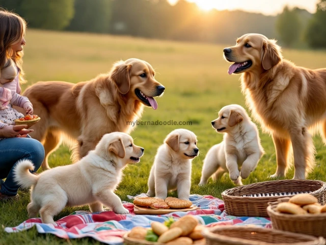 A Golden Retriever family playing in a sunlit U.S. meadow, with a family picnicking, capturing their joyful, family-oriented nature.