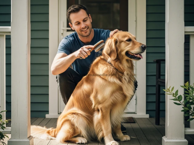 A Golden Retriever being brushed on a U.S. porch, highlighting its low-maintenance grooming needs.