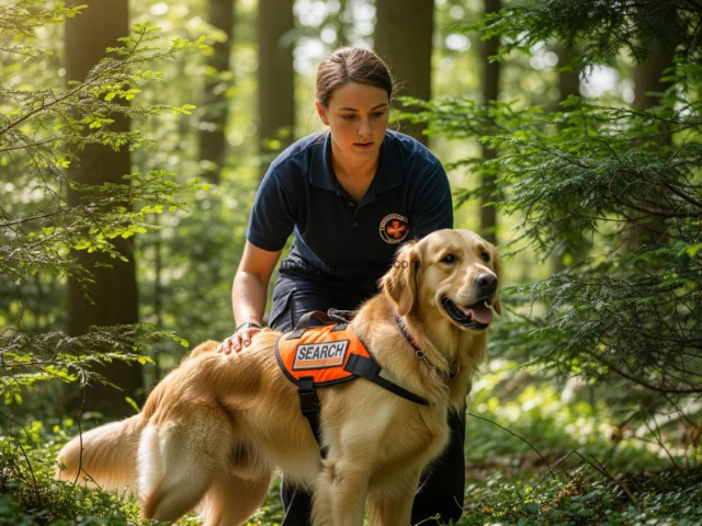 A Golden Retriever in a search-and-rescue harness with a handler in a U.S. forest, showcasing its versatile skills.