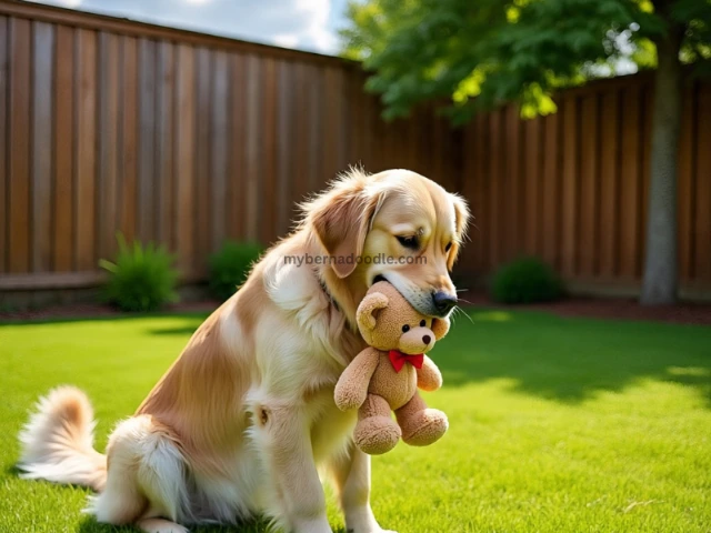 A Golden Retriever carrying a plush toy gently in a U.S. backyard, demonstrating its soft-mouth retrieving instinct.