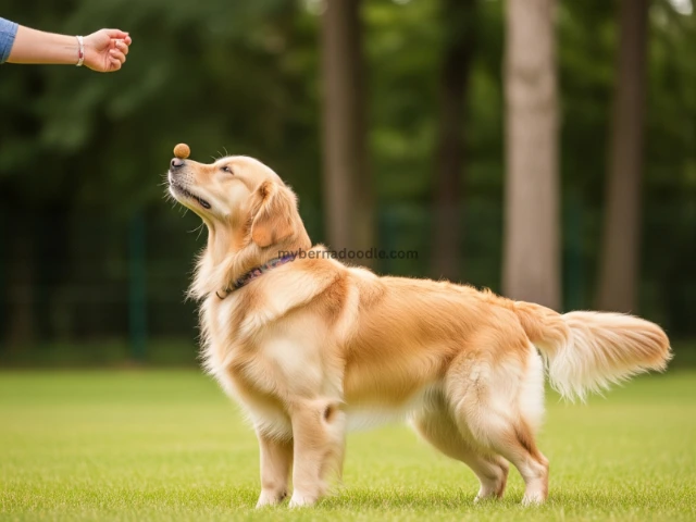 A Golden Retriever balancing a treat on its nose, highlighting its intelligence during a U.S. training session.