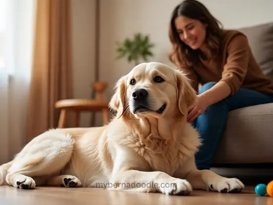 an owner and a golden retriever sitting in a room