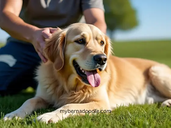 Golden retriever sitting with its owner