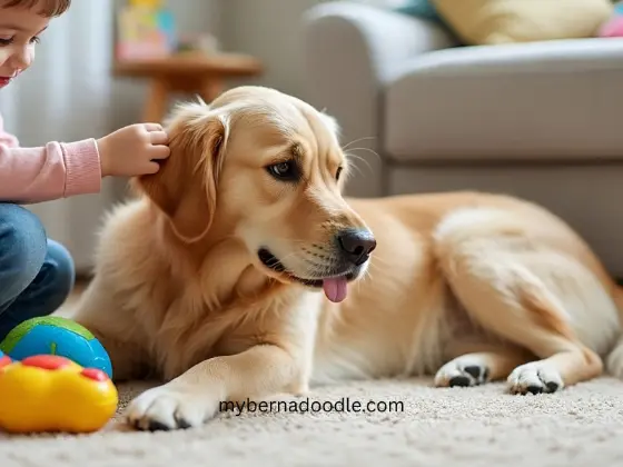 a boy is playing with a golden retriever