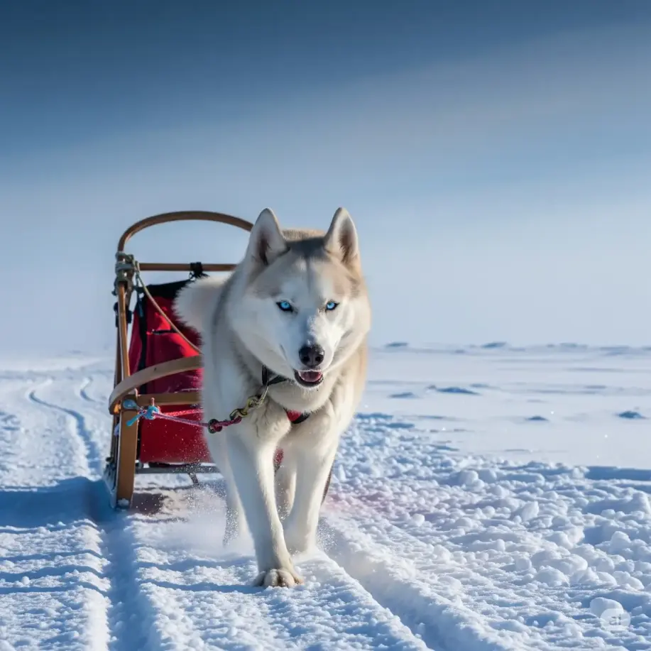 a husky pulling a cart in a snowy area