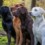 Black, white, light and dark brown Labrador Retrievers standing together