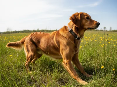 A golden retriever running in a grassy field
