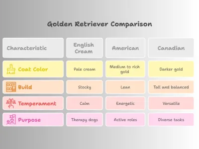 An infographic comparing English Cream, American, and Canadian Golden Retrievers, highlighting differences in coat color, build, and temperament.