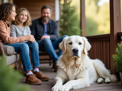 An English Cream Golden Retriever relaxing on a porch with a family, highlighting its light cream coat and gentle expression.