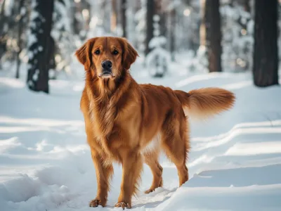 A Canadian Golden Retriever in a snowy forest, showcasing its darker gold, wavy coat and elegant build.