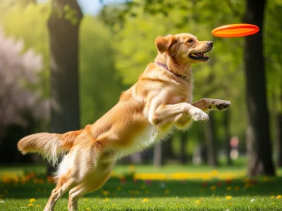 An American Golden Retriever jumping to catch a frisbee in a park, displaying its rich gold coat and lean, athletic frame.