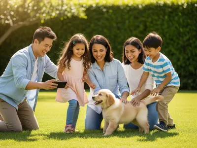 A happy family playing with a Golden Retriever puppy in a backyard, representing the joy of finding the perfect pet.