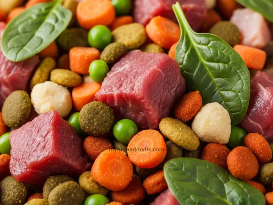 Healthy dog food mix with meat, vegetables, and kibble