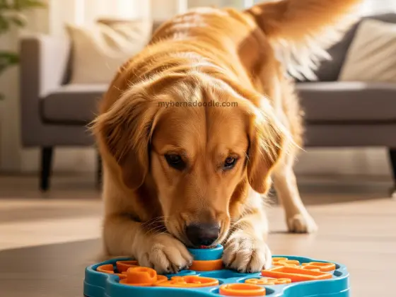Golden Retriever using a puzzle toy for mental stimulation