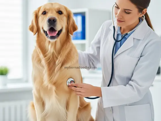 Golden Retriever being examined during a vet visit