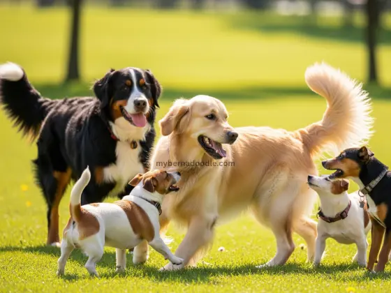 Golden Retriever socializing and playing at a dog park