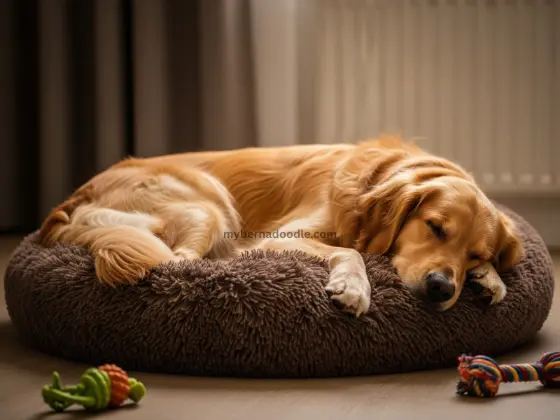Golden Retriever relaxing in a clean, safe home space.
