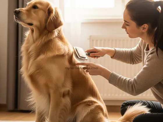 Golden Retriever and its owner brushing its coat