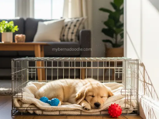 golden retriever sleeping in its crate