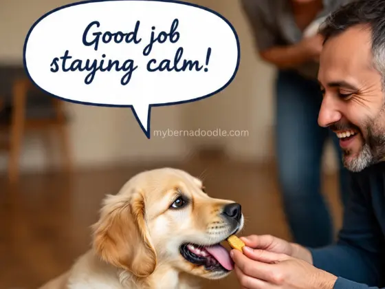  A close-up of a Golden Retriever puppy receiving a treat from a smiling owner.