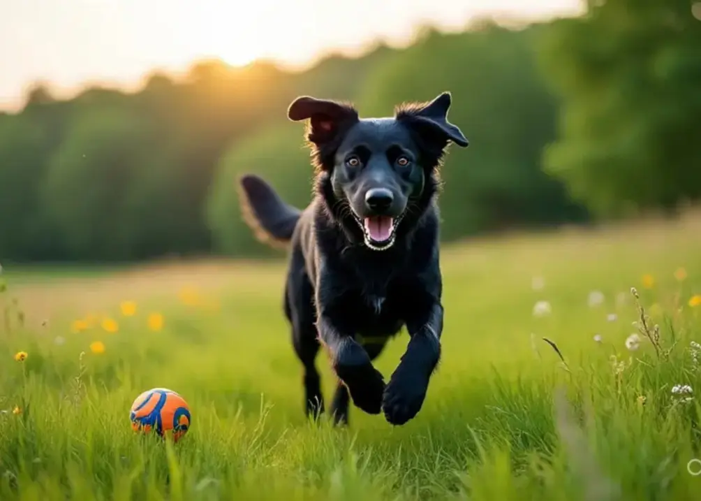 Black Flat-Coated Retriever outdoors looking playful.