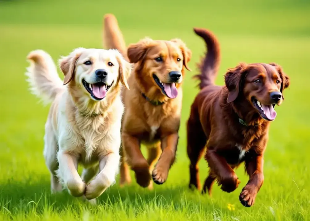 Golden Retrievers in cream, gold, and red coat colors running.