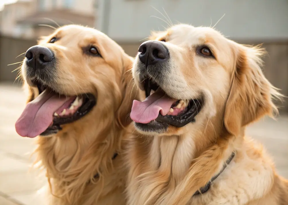 two Golden Retrievers smiling wide with tongue out.