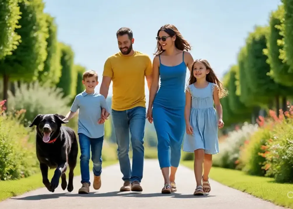 Family enjoying a walk with black retriever mix.