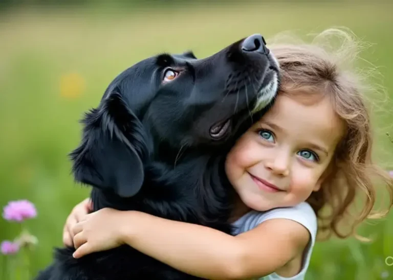 black Golden Retriever cuddling with Child