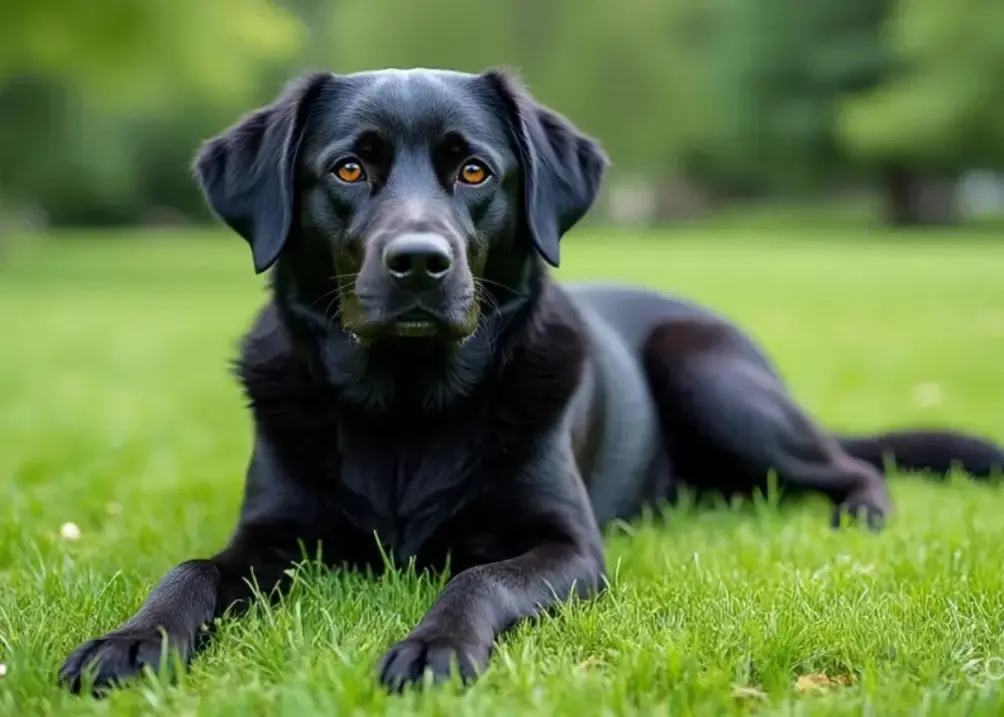 Black Golden Retriever mix resting outdoors.