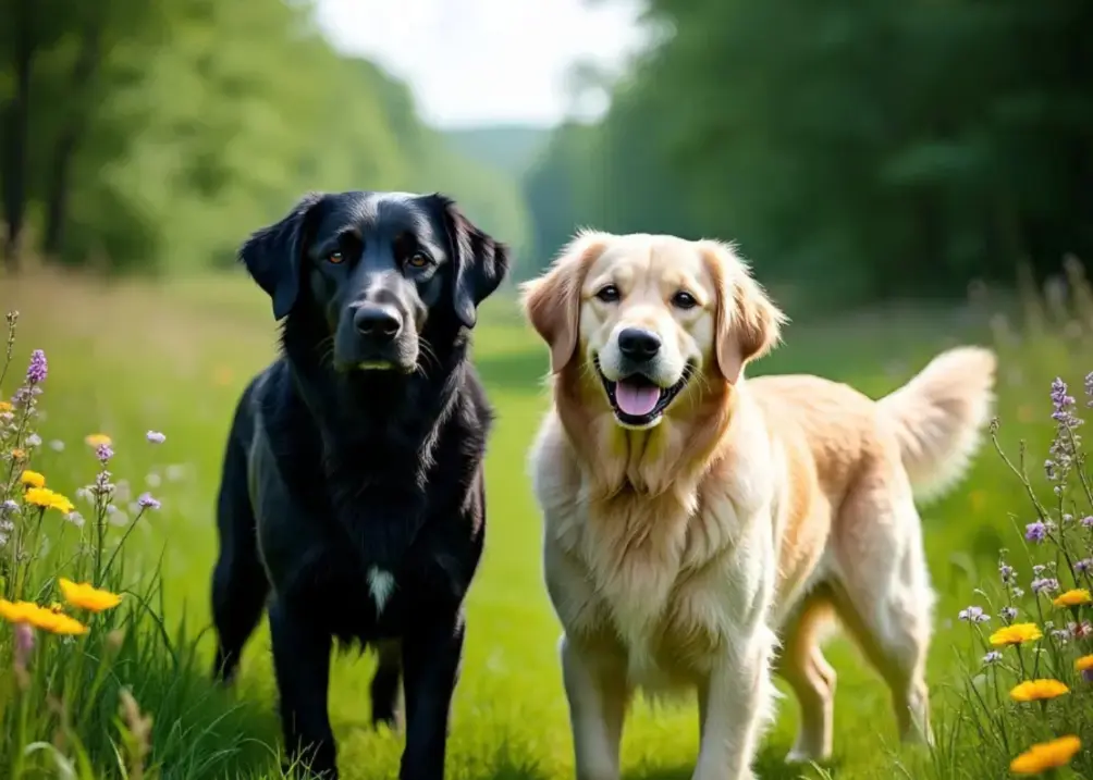 Black Flat-Coated Retriever compared to a Golden Retriever.