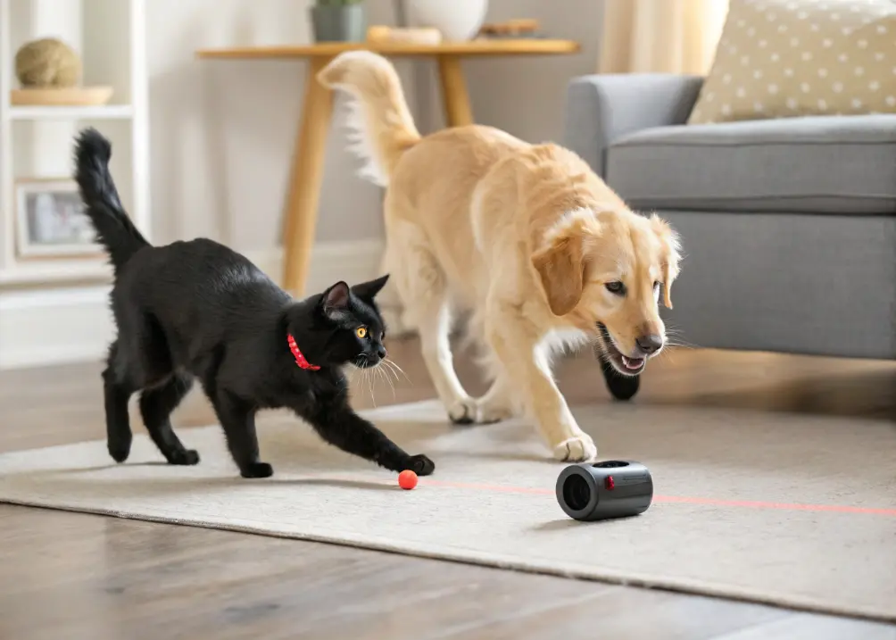 A black cat and Golden Retriever playfully chase a red laser dot across a living room floor, with a spilled mug in the background.