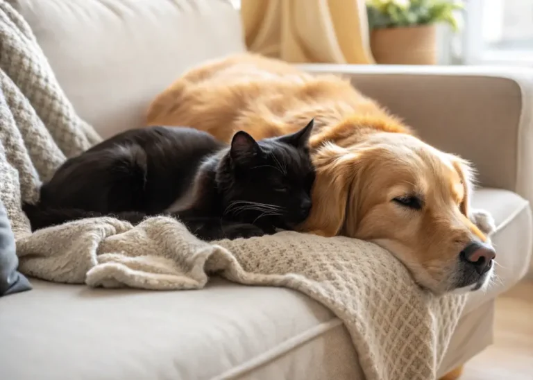 A black cat with shiny fur snuggles against a Golden Retriever, both relaxed on a gray couch with a sunny window in the background.