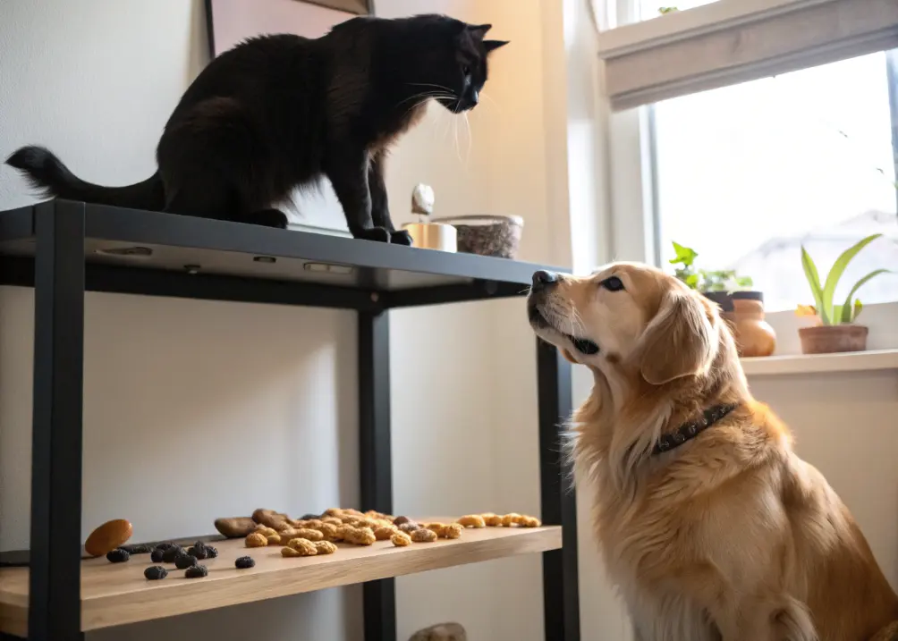 A black cat sits on a tall shelf, gazing down at a Golden Retriever who sits calmly on the floor, surrounded by a few scattered pet treats.