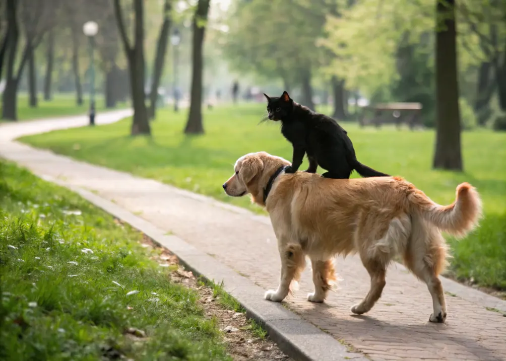 A black cat perches confidently on the back of a Golden Retriever as they stroll through a sunny park with green grass and trees.