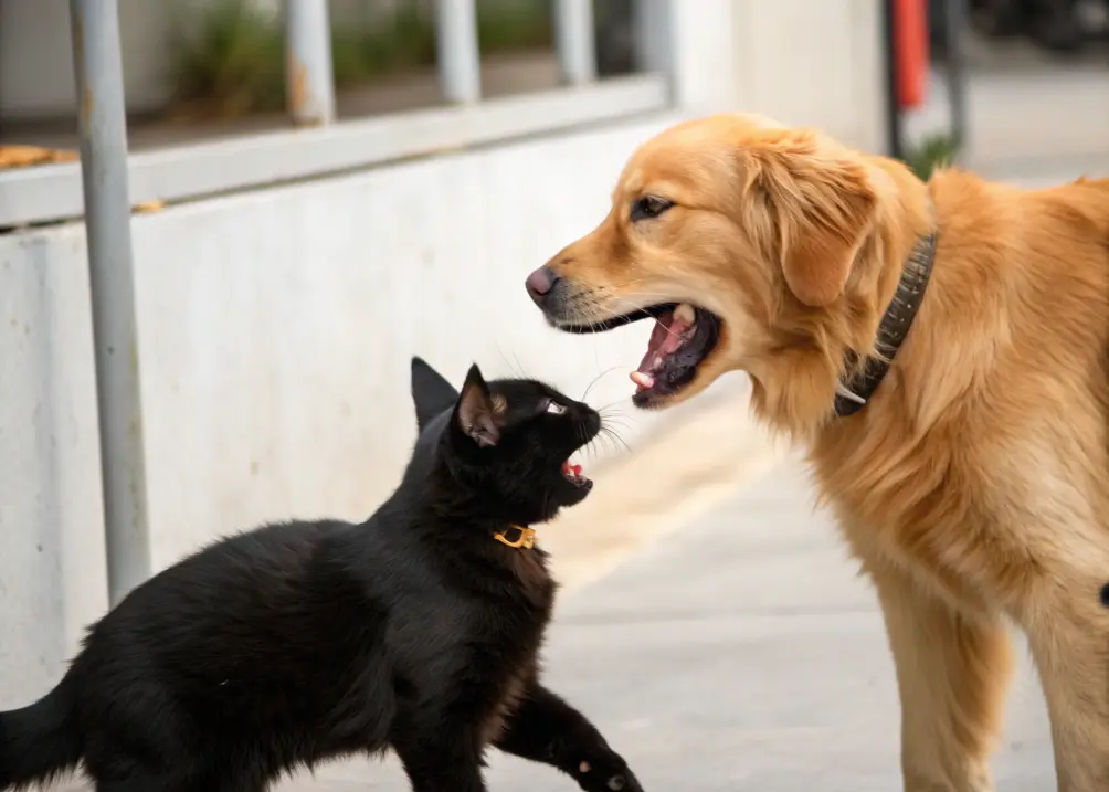 A cartoon black cat with arched back hisses at a Golden Retriever with a wagging tail, set against a simple living room background.