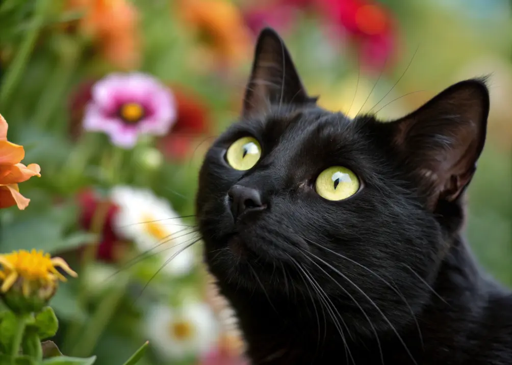 A black cat with bright green eyes stares intently, her face framed against a dark background, giving a curious yet cautious vibe.