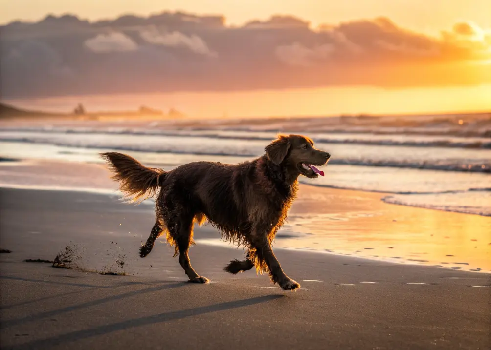 Dark golden Retriever running on sand