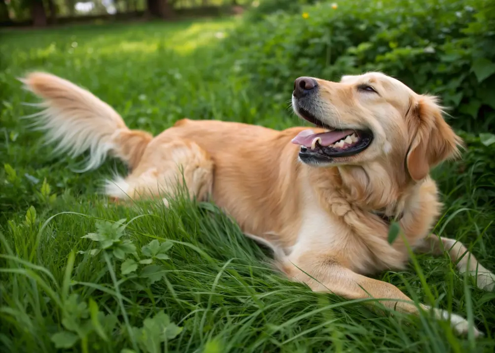 A Golden Retriever with golden fur lies on green grass, smiling with its tongue slightly out, tail wagging in a blur.