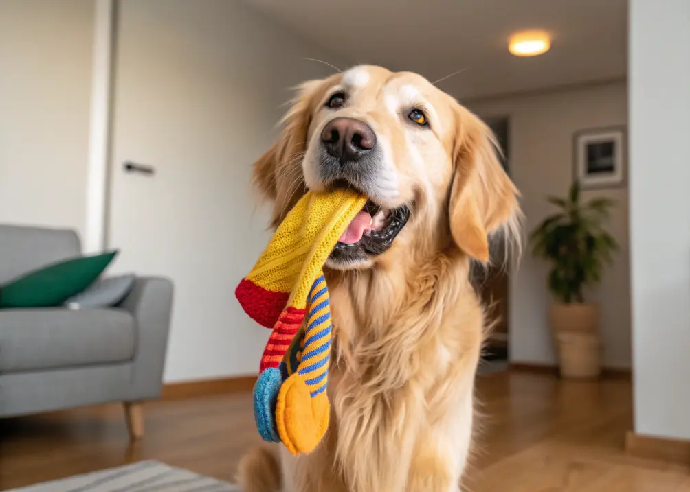 Golden Retriever with a stolen sock in its mouth.