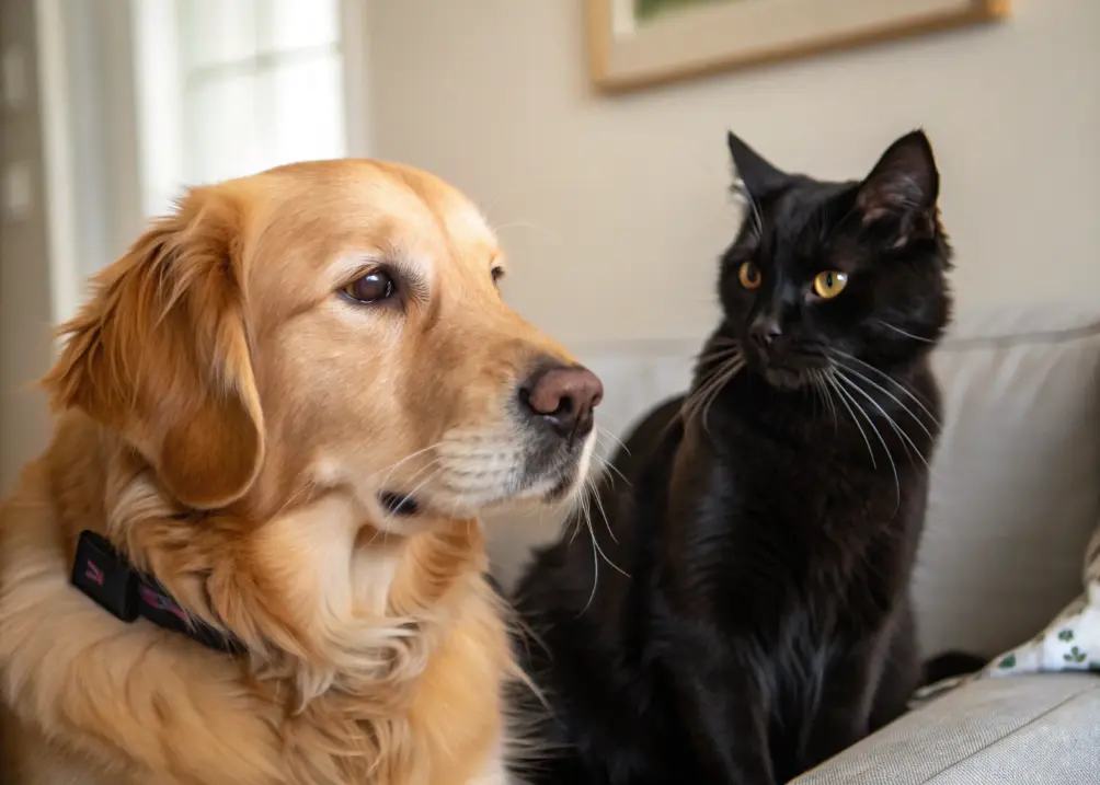 A Golden Retriever with a tiny scratch on its nose looks sad while a black cat sits nearby with a smug expression, in a cozy living room.