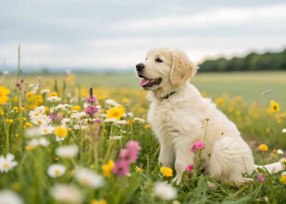 Light cream Golden Retriever puppy outdoors.