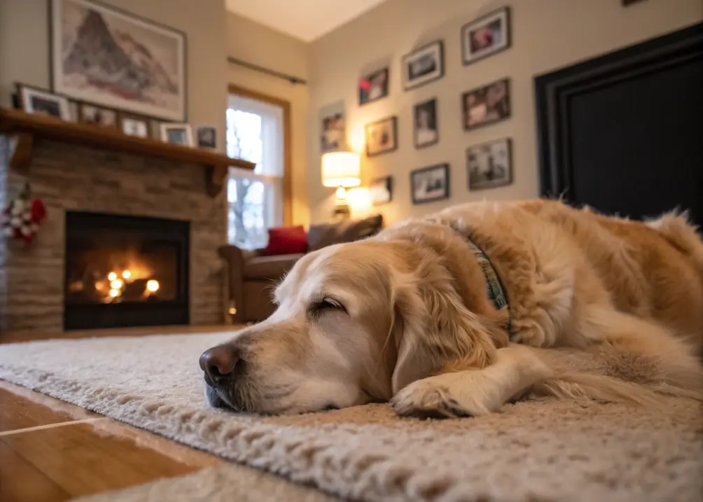 Senior Golden Retriever lying on carpet with gentle expression.