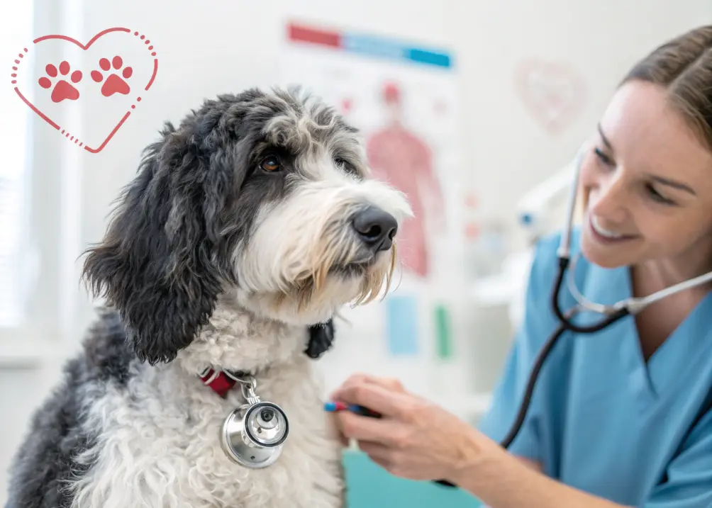 A bernedoodle with its vet.