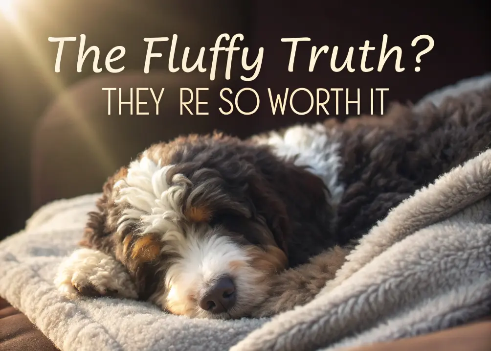 A Bernedoodle is sleeping peacefully on a couch.