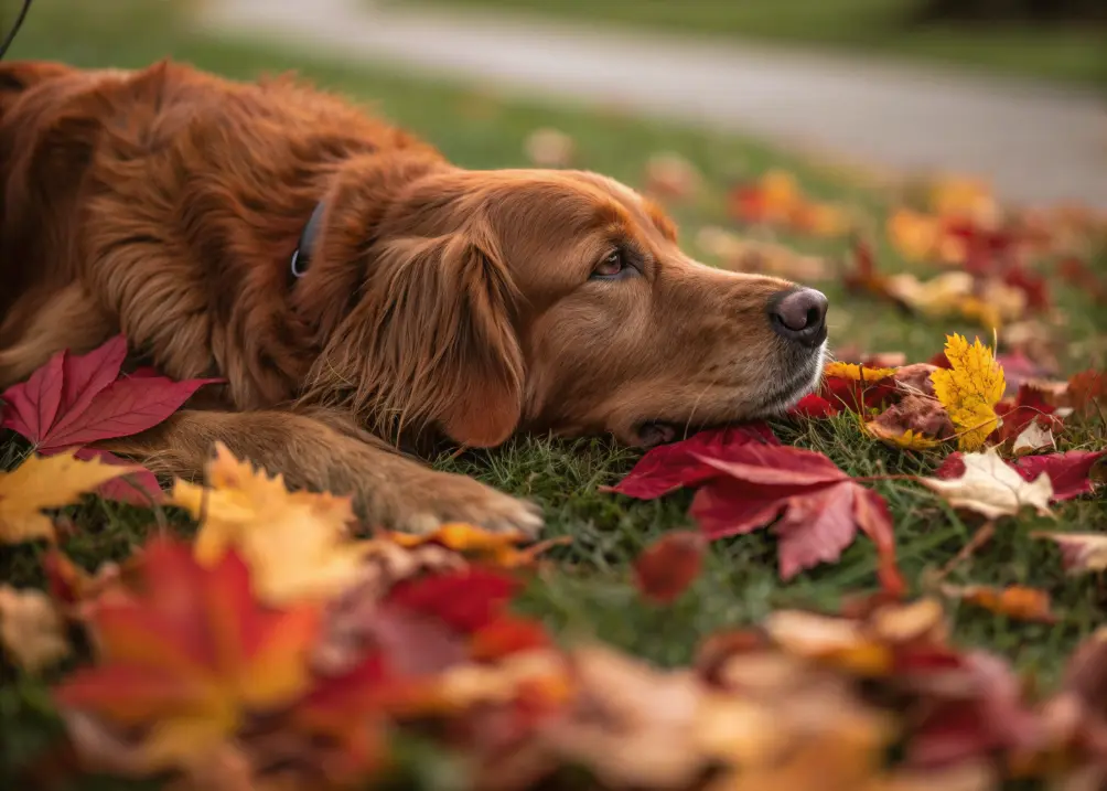 Mahogany red Golden Retriever outdoors in fall.