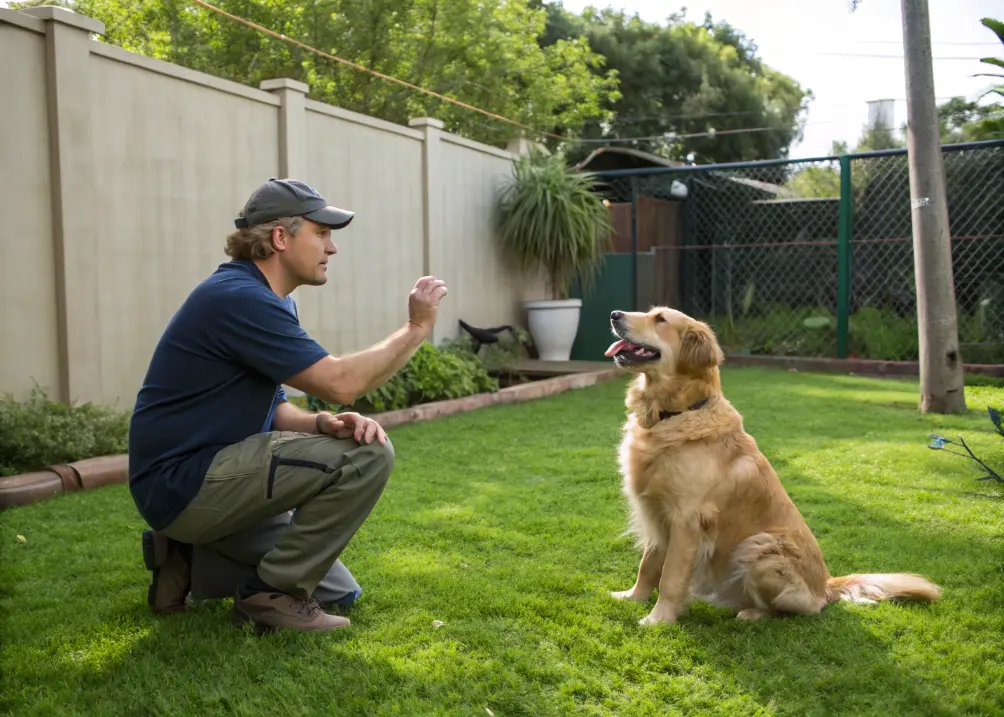 Dog trainer teaching Golden Retriever leash manners.