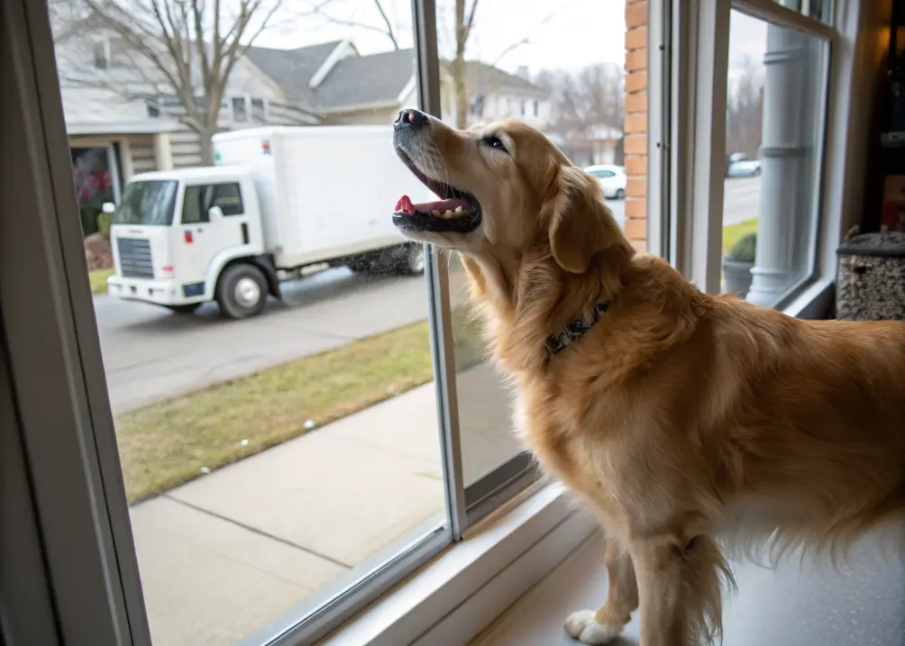 Golden retriever barking too much. Golden Retriever barking through window at delivery driver.