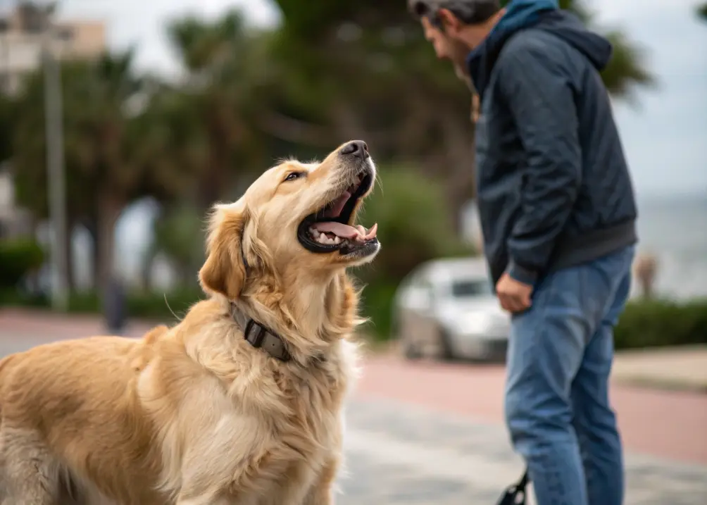 Alt Text: Golden Retriever barking while owner ignores.