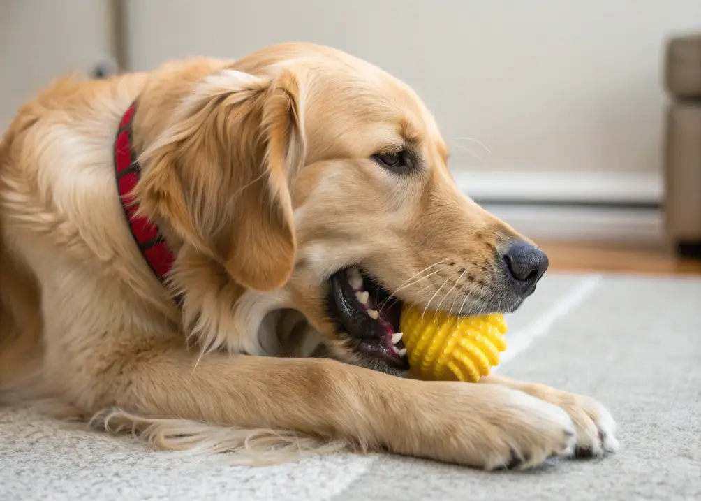 Golden Retriever happily chewing toy instead of barking.